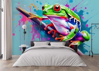 Whimsical leap year celebration featuring a vibrant green frog against a soft blue and pink gradient backdrop Wall mural