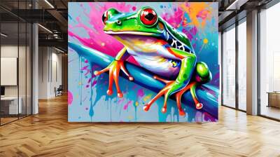 Whimsical leap year celebration featuring a vibrant green frog against a soft blue and pink gradient backdrop Wall mural