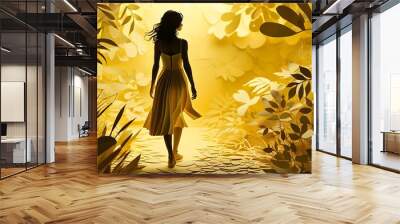 Whimsical Paper Cut Illustration of Woman Walking Against Vibrant Yellow Backdrop Wall mural