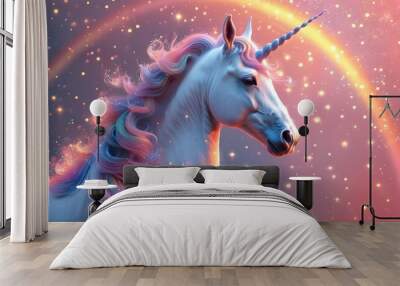 Whimsical pastel rainbow unicorns amidst a sparkling starry landscape under a dreamy pink fantasy sky with charming holographic and iridescent gradients Wall mural