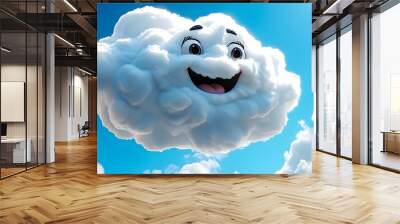 Whimsical smiling cloud character surrounded by fluffy clouds in a bright blue sky, radiating cheerfulness in a colorful animated landscape. Wall mural