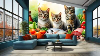 Whimsical watercolor depiction of cats amidst a colorful array of fresh vegetables and meats, celebrating the concept of healthy nutrition for pets. Wall mural