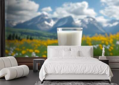 White mug filled with natural cows milk on a table with a soft-focus background Wall mural