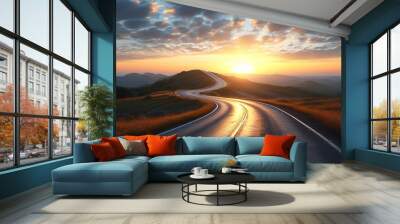 Winding road toward a bright horizon symbolizing the journey and challenges on the path to success in motivational and business themes Wall mural