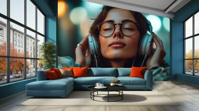 Woman in glasses and headphones immersed in the joy of music with eyes closed. Wall mural