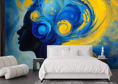 Woman Silhouette in Vibrant Blue and Yellow Swirls, Abstract Art Inspiring Creativity and Imagination Wall mural