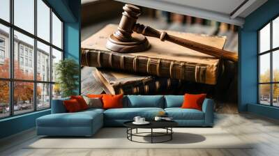 Wooden gavel placed atop large legal books Wall mural