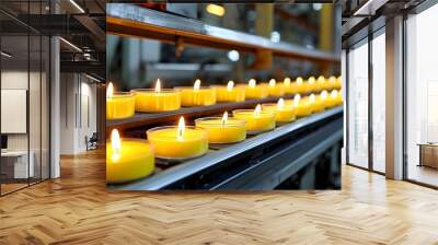 Yellow candles meticulously arranged on a production line ready for distribution Wall mural