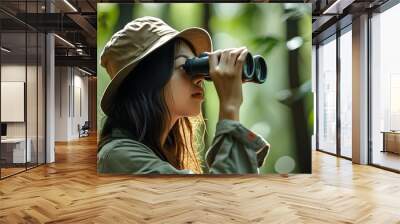 Young Asian woman using binoculars for birdwatching in the forest, exploring nature and engaging in ornithology and ecology research Wall mural