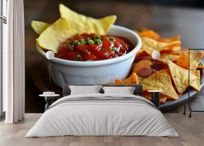 Zesty red tomato salsa paired with crunchy corn tortilla chips Wall mural