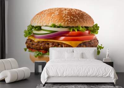 A delicious burger hamburger cheeseburger  or veggie burger on a white background. Generative AI Wall mural