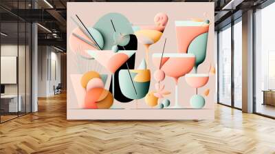 Cocktails party banner, ticket, card, poster. pastel color. abstract shape. Generative AI Wall mural