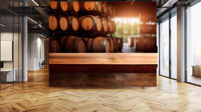 empty wooden table in front blurred wine cellar in the background. winery and beverage concept, background for product display Wall mural