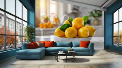 Fresh juicy lemon fruits with leaves on kitchen countertop Wall mural