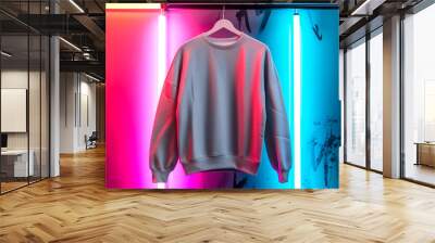 Mockup of grey cotton sweatshirt on coat rack on neon light wall background Wall mural