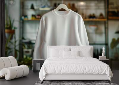 Mockup of white cotton sweatshirt on coat rack on luxury retail space background Wall mural