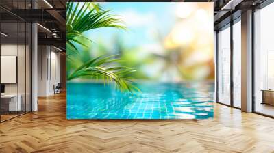 Summer vacation defocused background blurred over the pool and palm leaves frame banner Wall mural