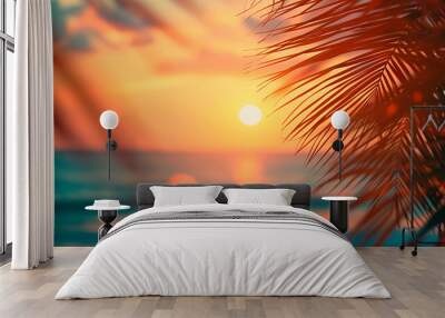 Summer vacation defocused background blurred sunset over the ocean and palm leaves Wall mural