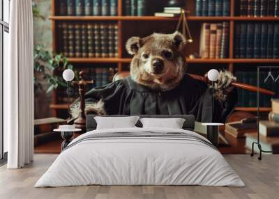 An animal dressed as a judge sits in an office. There is a hammer and a book on the table. Wall mural