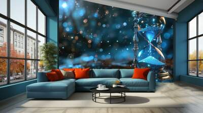 An enchanted hourglass with glowing silver sand that sparkles like stars. Wall mural