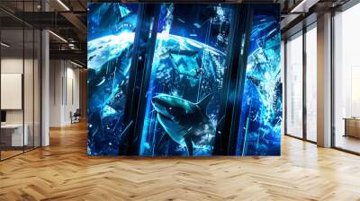 A blue and white image of three sharks in a watery environment. The sharks are depicted in different sizes and positions, with one of them having its mouth open. Generative AI Wall mural