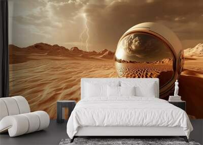 Astronaut Helmet Reflects Thunderstorm Over Desert Landscape Wall mural