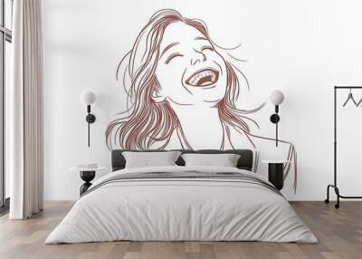 Cheerful Businesswoman in Minimalist Line Art Style on White Background Wall mural