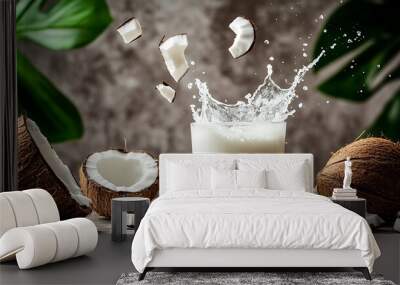 Coconut Milk Splash in a Glass with Flakes Wall mural