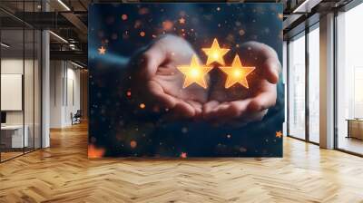 Customer Satisfaction and Trust Concept: Person Holding Glowing Five Stars Icon Symbolizing Positive Business Service Experience Wall mural