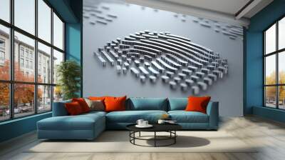 Digital Silver Pixel Fingerprint Logo on Grey Background - Minimalistic 3D Render with Symmetrical Composition Wall mural