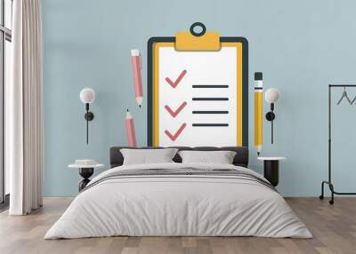 Efficient Task Management with Clipboard, Checklist Icon, and Pencil Symbol on Grey Background Wall mural