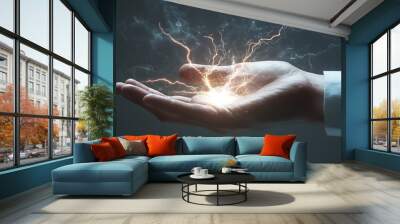 Electrifying Business Power: Hand of Businessman with Lightning on Grey Background Wall mural