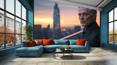 Elegant Businessman in Cityscape Sunset: Portrait of Stylish Man with Salt-and-Pepper Hair in Bespoke Suit on Urban Skyscraper Balcony Wall mural