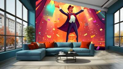 Enchanting Magic Show: Cartoon Style Illustration of Skilled Magician Performing Grand Illusion on Stage with Magical Details Wall mural