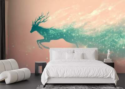 Ethereal Green Silhouette of Mystical Creature Descending on Pink Background - Vector Design with Detailed Focus Wall mural