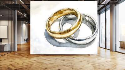 Ethereal Union - Watercolor Painting of Interlocking Gold and Silver Wedding Rings Symbolizing Unity and Love Wall mural