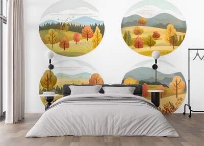 Four different scenes of a forest with trees in autumn. The first scene has a bird flying in the sky, the second has a bird perched on a tree, the third has a bird flying over a field. Generative AI Wall mural