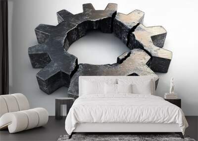 Futuristic 3D Gear-Shaped Fractured Steel Object on White Background Wall mural