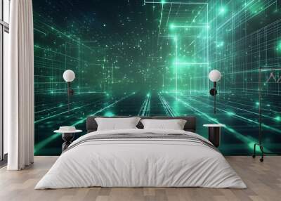 Futuristic Neon Grids - Abstract 3D Render with Digital Patterns in Green and Blue Hues Wall mural