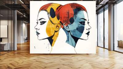 Gemini Twins Artistic Back-to-Back Stylized with Geometric Shapes on White Background Wall mural