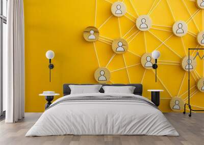 Interconnected People Network Concept on Yellow Background with Wooden Circles and White Lines Wall mural