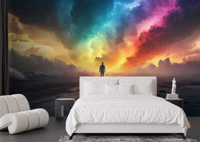 Journey to the Rainbow Cloud - Surreal Concept Art of Person Walking Towards a Vibrant Colossal Cloud in Barren Landscape Wall mural