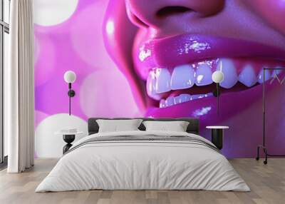 Joyful Expression: Close-Up of Smiling Person with Sparkling Teeth on Vibrant Purple Bokeh Background Wall mural