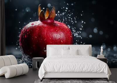 Juicy Pomegranate Delight: Ripe Fruit with Water Droplets on Dark Background Wall mural