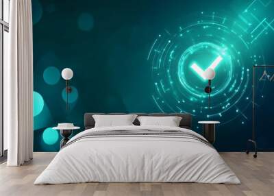 Modern Approval Concept: Glowing Checkmarks on Dark Teal Background Wall mural