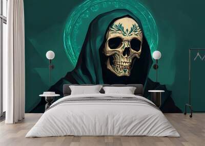 Mystical Skull with Tattoos and Turquoise Halo in Enchanted Cloak - Illustration of Magic and Mystery Wall mural