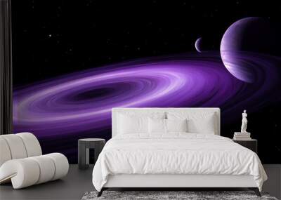 Mystical Violet Giant Gas Ring of Venus with Two Moons Orbiting on Black Background Wall mural