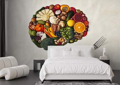 Nutrient-Rich Mind: Creative Concept of Human Brain Made from Fresh Fruits, Vegetables, and Grains with Fork, Symbolizing Mental Health and Nutrition Wall mural