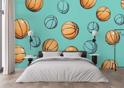 Playful Basketball Hoops and Balls Seamless Pattern on Teal Background PNG Mockup Template Wall mural