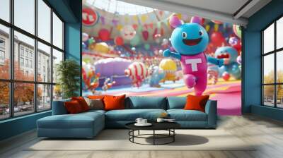 Playful Whimsical Sports Characters in Colorful 3D Fantasy Stadium Wall mural